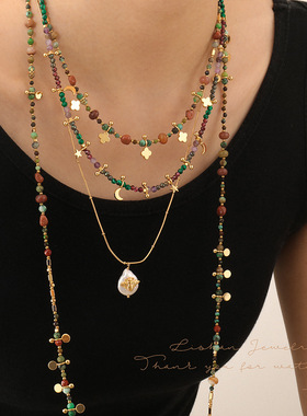 非洲松石多层颈链轻奢小众四叶草米珠高 级感波西米亚长款项链女