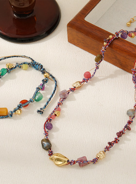 民族风梅花碧玺串珠女士项链编织手绳好运蝴蝶手链轻奢锁骨链套链