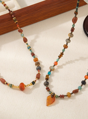 波西米亚民族风叠戴天然石串珠项链原创设计红叶吊坠金沙石毛衣