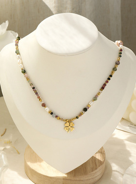 幸运四叶草多巴胺彩色碧玺串珠项链复古镀18K金吊坠珍珠锁骨链女