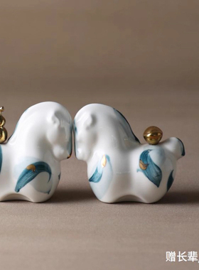 陶瓷马复古手绘青花描金摆件客厅中式酒店会所桌面玄关软装饰品