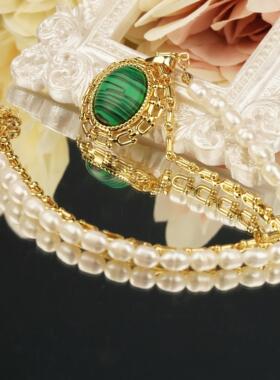 复古宫廷风孔雀石珍珠链条项链女