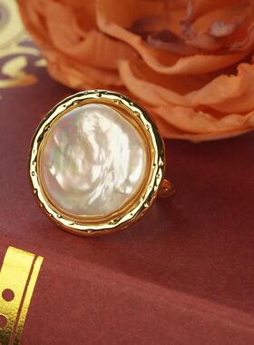 《掌上明珠》满月流光巴洛克珍珠戒指女圆形金属边框时尚百搭指环