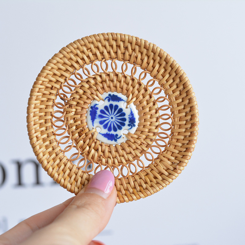 @..Rattan Weave Ceramic Hollow Coasters Heat Insulation Mats - 图2