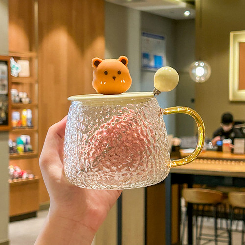 可爱小熊玻璃杯带盖勺女生高颜值喝水杯子大容量马克杯情侣咖啡杯 - 图1