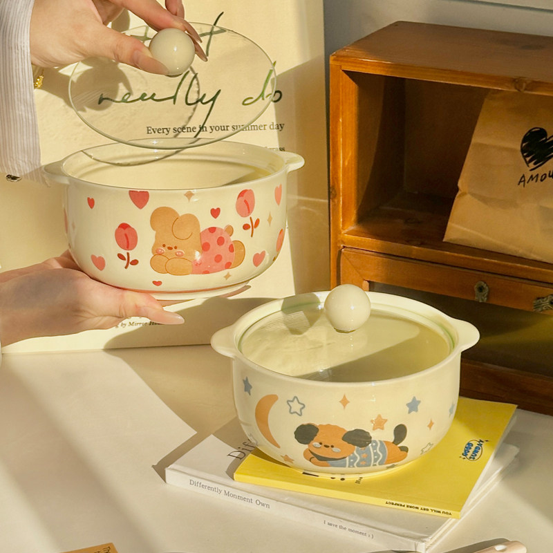 韩式可爱奶油风小狗双耳泡面碗2025新款陶瓷大碗学生宿舍螺蛳粉碗