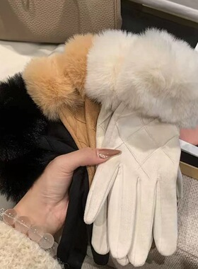 千金感轻奢德绒毛绒手套女2025新款秋冬加绒加厚防寒气质优雅手套