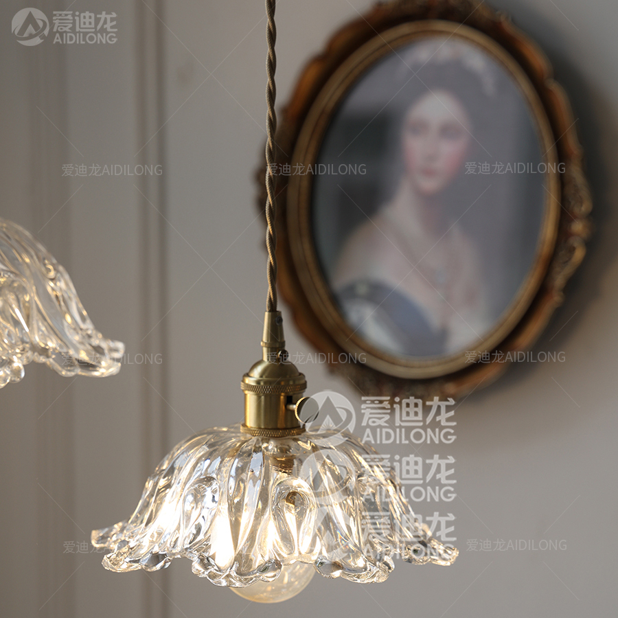 北欧法式花朵玻璃吊灯日式复古胡桃木餐厅吧台民宿床头黄铜灯 - 图0