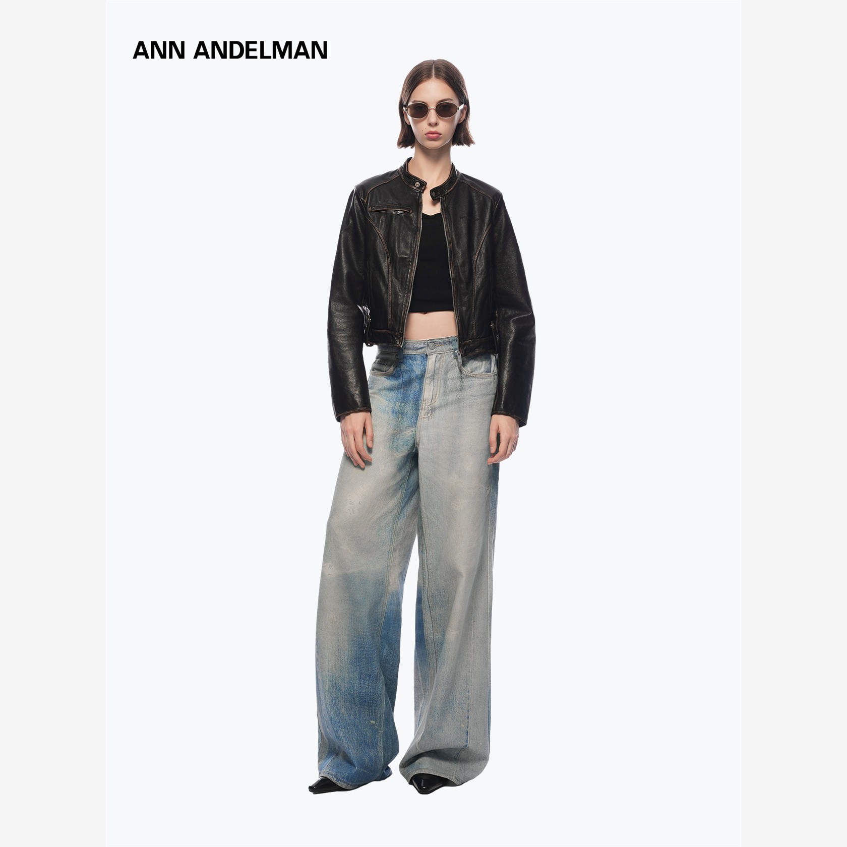 ANN ANDELMAN立领修身皮夹克秋冬短款机车明线装饰棕色皮衣女外套 - 图0