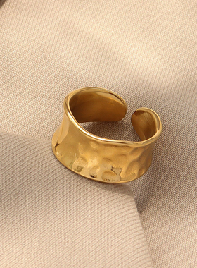 欧美ins网红潮流18k不锈钢凹凸不平手工锤纹戒指开口设计感指环女