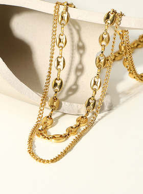 欧美风钛钢猪鼻链双层拼接项链女