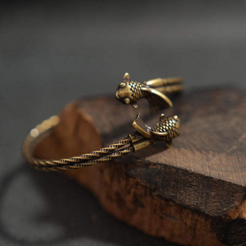 纯铜双鱼戏莲男女情侣款手镯开口鲤鱼铜手环可调节送女友 - 图0