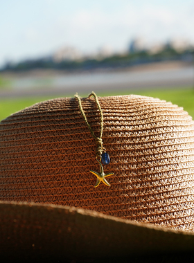 THISNESS 航海日记 纯银镀金海星蓝晶石麻线项链长度可调节