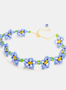 THISNESS 串珠蓝色亚麻花颈链项链