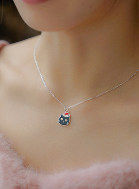 THISNESS 圣诞特辑 圣诞帽蓝猫纯银项链小众礼物原创设计