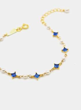 THISNESS 圣诞特辑 菱形锆石纯银镀金镶嵌贝珠手链祖母绿宝石蓝