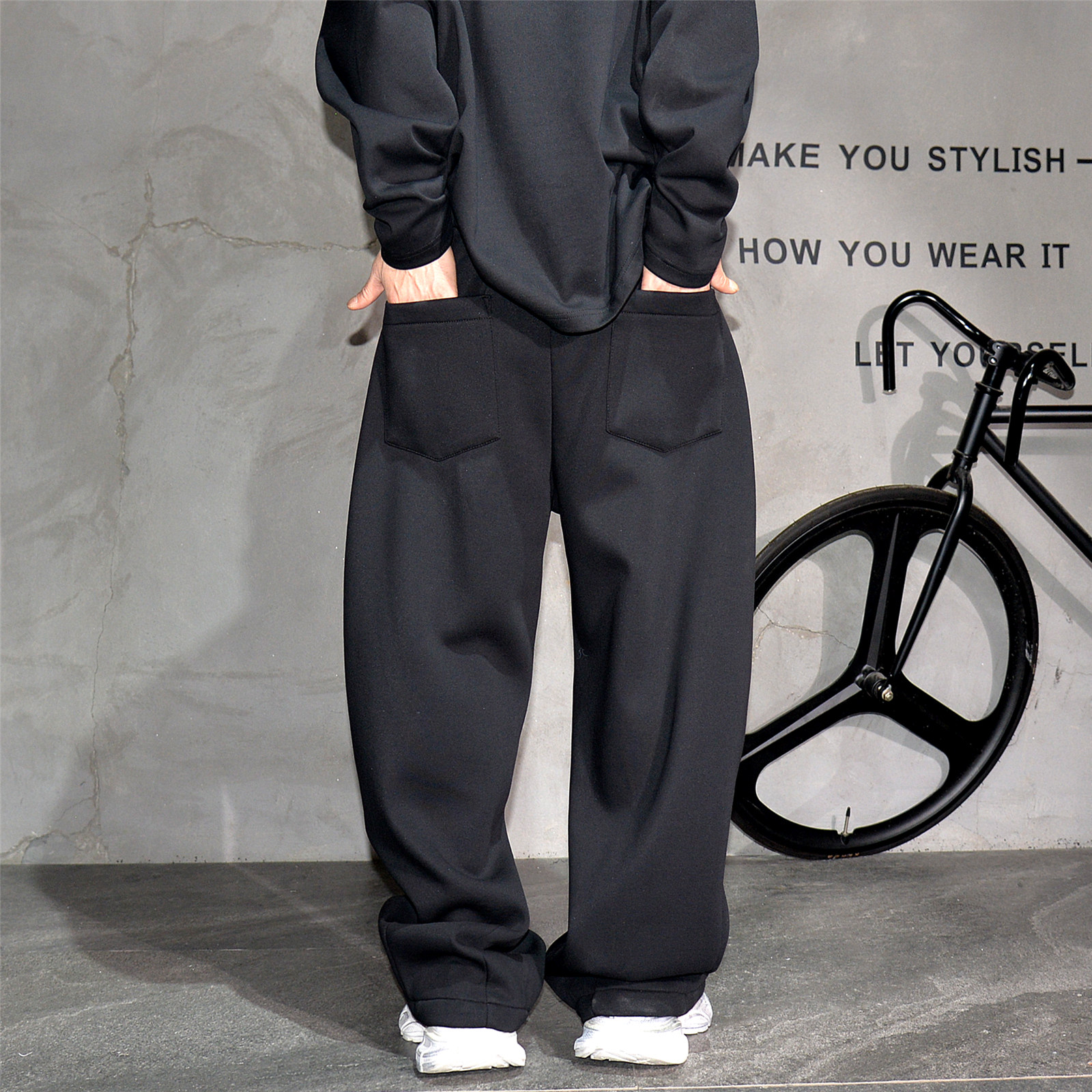 冬季加绒加厚宽松阔腿弯刀直筒卫裤男痞帅垂坠堆叠感针织运动长裤,淘宝优惠券,粉丝福利购,淘宝优惠卷