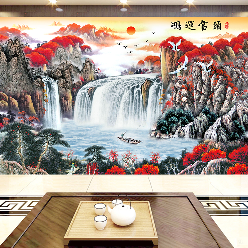 鸿运当头3d立体壁画定制墙布5d中式山水国画8d客厅电视背景墙壁布 - 图2