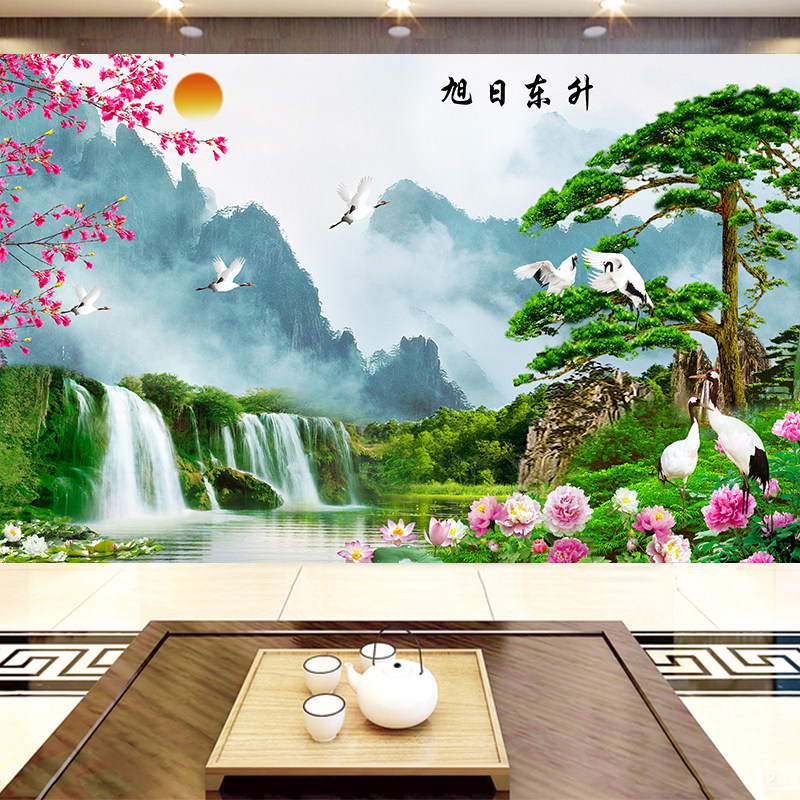 旭日东升定制3d壁画5d客厅装饰墙贴画中式山水8d电视沙发背景墙布,淘宝优惠券,粉丝福利购,淘宝优惠卷