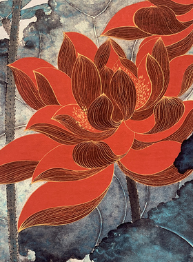 张大千金线荷花三尺四尺国画装饰画画心画芯花鸟画