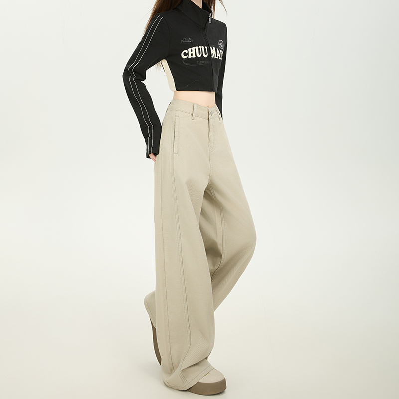 艾格Etam卡其弯刀阔腿牛仔裤女冬季加绒小个子显瘦宽松直筒镰刀裤 - 图2