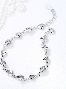 日韩版S999银爱心连心纯银甜美手链简约个性森系学生饰品生日礼物