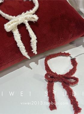 秋冬氛围感红色蝴蝶结毛绒项链