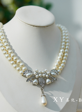 新款复古双层珍珠项链优雅choker锁骨链耳环套装新娘婚纱礼服配饰