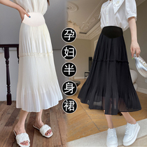Pregnant woman half-body dress Summer thin outer wearing snow-spinning medium long version of pleated a dress with high waist casual nursery pleasanum