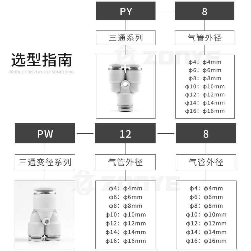 白色气动Y型三通PY8塑料气管快速快插接头PW4/6/10/12/16mm变径14 - 图0