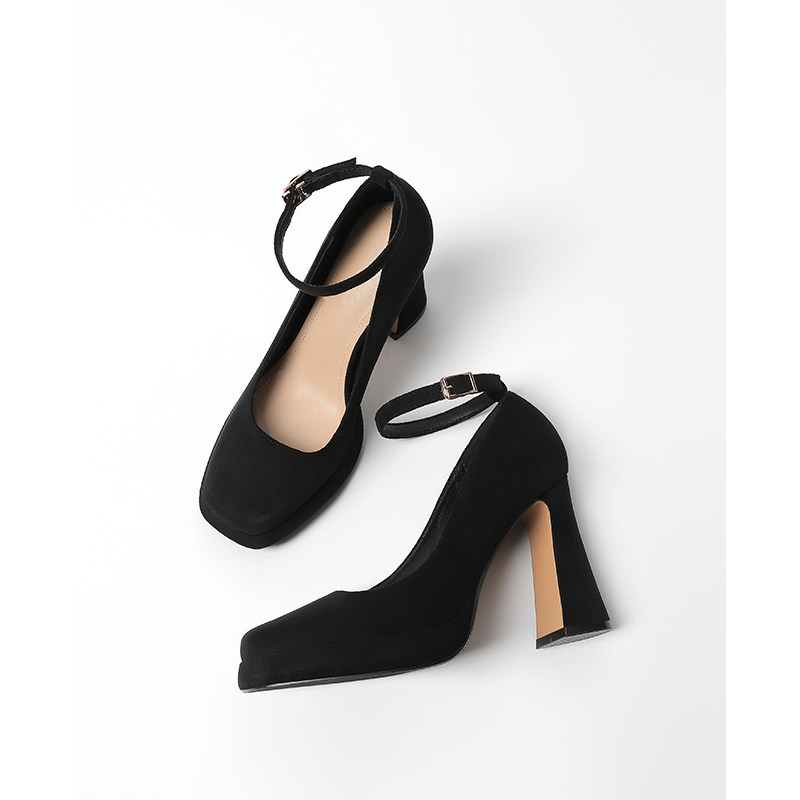 【跟高10CM】黑色高跟鞋2025新款绒面防水台厚底单鞋粗跟玛丽珍鞋,淘宝优惠券,粉丝福利购,淘宝优惠卷