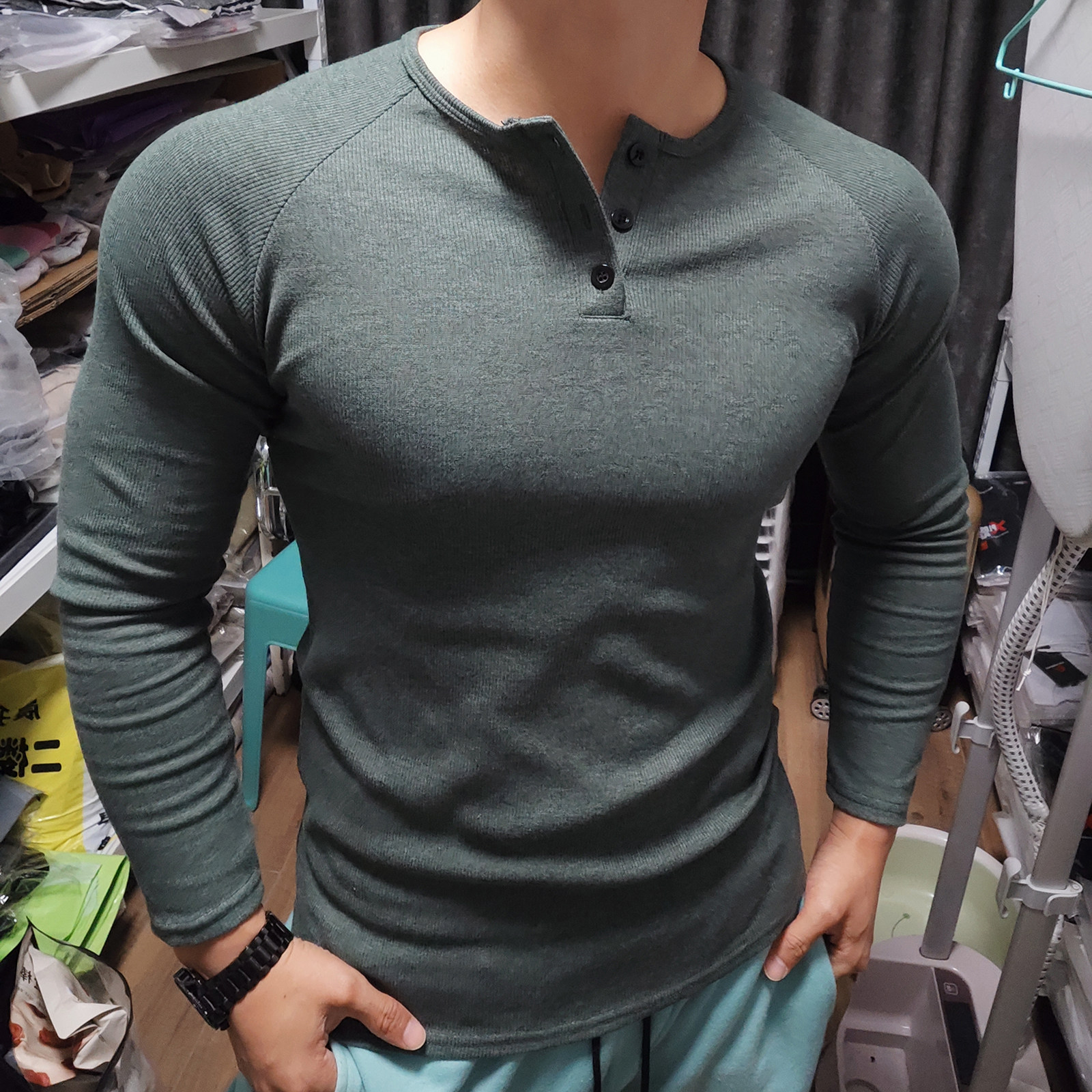 男士亨利衫秋冬季美式健身长袖条纹弹力修身休闲运动打底衫棉T恤,淘宝优惠券,粉丝福利购,淘宝优惠卷