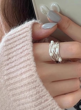 多层线条缠绕珍珠戒指