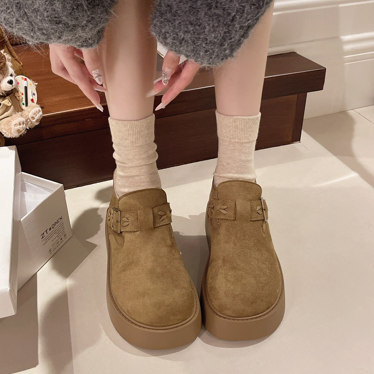 加绒保暖勃肯棉鞋女外穿2025新款软厚平底一脚蹬保暖毛毛面包鞋子,淘宝优惠券,粉丝福利购,淘宝优惠卷