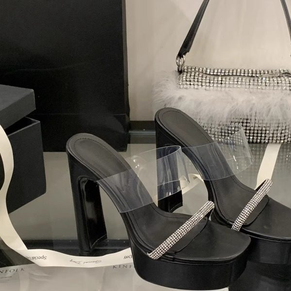 15cm恨天高水钻一字凉拖鞋女性感宴会配礼服粗跟防水台走秀高跟鞋,淘宝优惠券,粉丝福利购,淘宝优惠卷