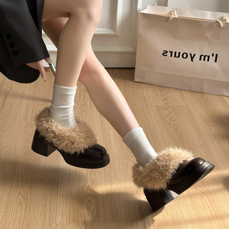 黑色粗跟小皮鞋女2025新款冬季加绒保暖毛毛鞋玛丽珍一脚蹬高跟鞋,淘宝优惠券,粉丝福利购,淘宝优惠卷