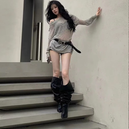 堆堆靴大筒围高跟长筒靴欧美辣妹尖头细跟美式过膝长靴高筒靴子女 - 图3