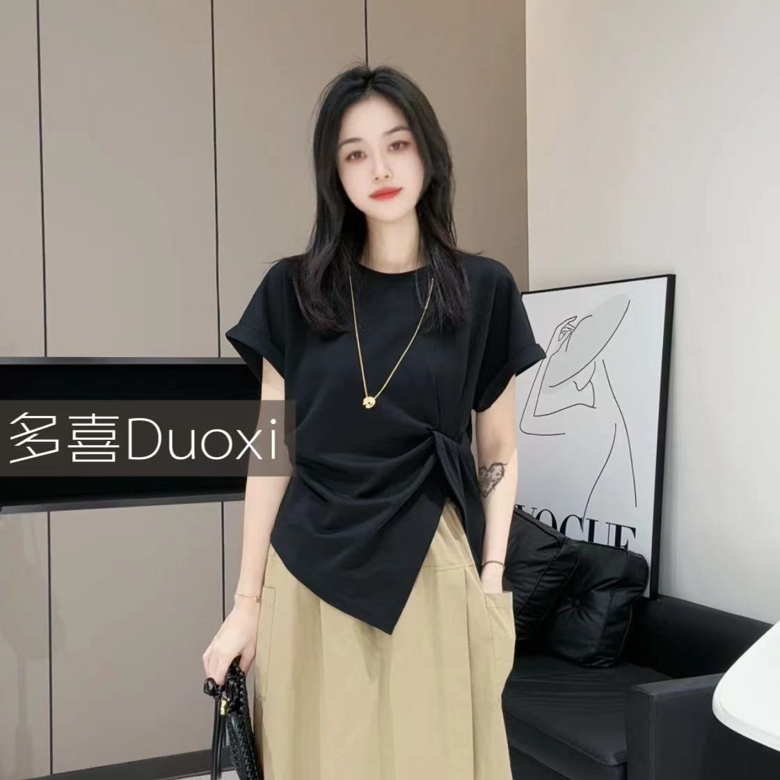 Duoxi+压褶设计圆领短袖T恤女夏季新款休闲时尚百搭显瘦上衣