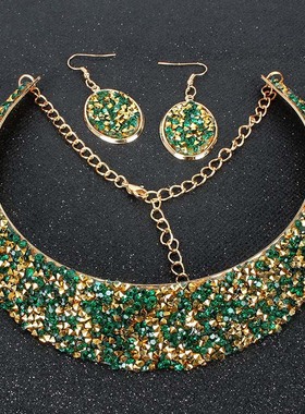 欧美夸张炫彩项圈女时尚个性金属假领子项链耳环套装性感锁骨配饰