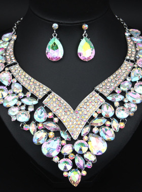 时尚夸张水钻宝石满钻新娘宴会礼服饰品项链耳环套装演出拍摄配饰