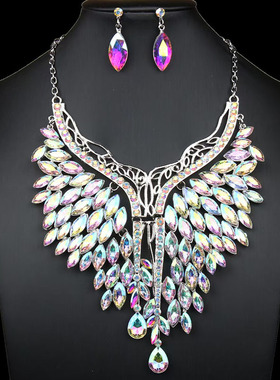 欧美奢华水钻宝石项链耳环套装女