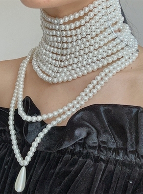 欧美时尚多层叠戴珍珠流苏项链