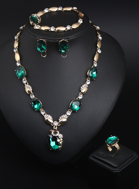 欧美夸张项链耳环套装宝石首饰套链新娘饰品结婚礼服四件套配饰