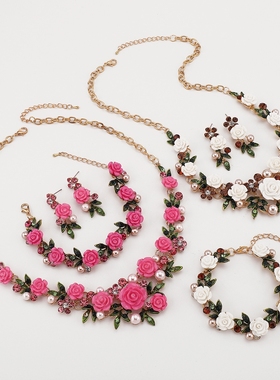 时尚小清新树脂花朵甜美锁骨项链耳环女气质百搭春夏连衣裙配饰品