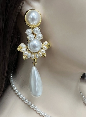 时尚百搭珍珠水滴吊坠项链耳环休闲套装女复古法式毛衣链首饰配饰