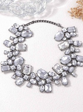 欧美时尚几何水晶宝石短项链女气质百搭闪亮锁骨链宴会礼服配饰品