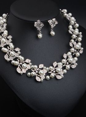 珍珠水钻颈链首饰套装树枝花型