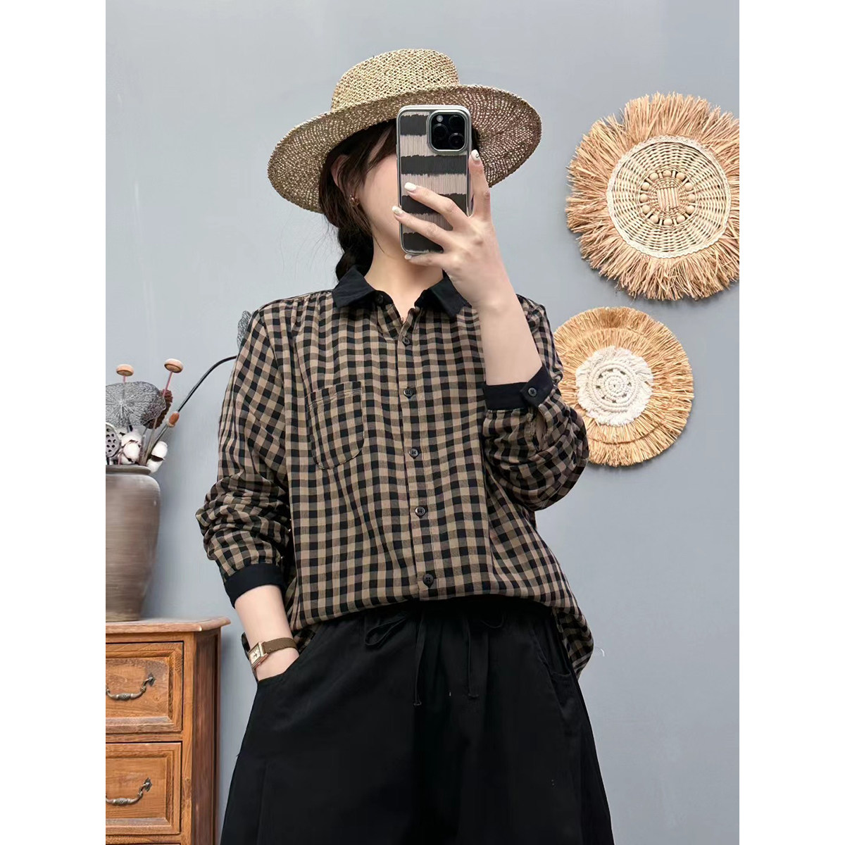 秋季薄款复古文艺格子长袖衬衫女宽松双层棉纱纯棉上衣休闲衬衣女