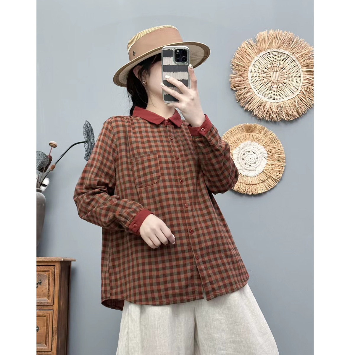 秋季薄款复古文艺格子长袖衬衫女宽松双层棉纱纯棉上衣休闲衬衣女