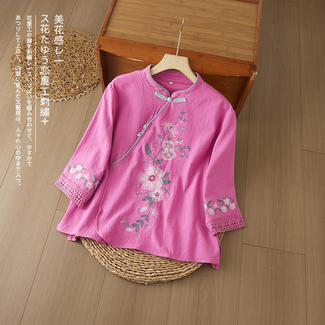 ເສື້ອເຊີດ linen ຄໍລໍາ embroidered ທີ່ສວຍງາມຂອງຊາດຈີນແບບໃຫມ່ສໍາລັບແມ່ຍິງ summer temperament high-end ປຸ່ມຝ້າຍແລະ linen ແຂນສາມສ່ວນສີ່